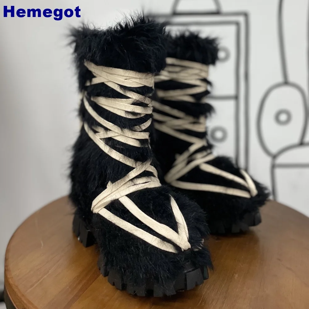 Women Black Furry Mid Calf Pla - Street Fashion Y2K ulasan dan harga